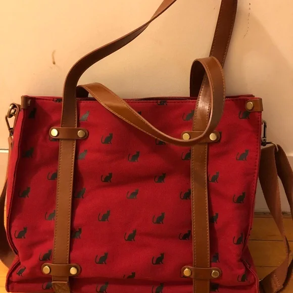 Modcloth Red and Brown Cat Print Shoulder Bag - Picture 2 of 7